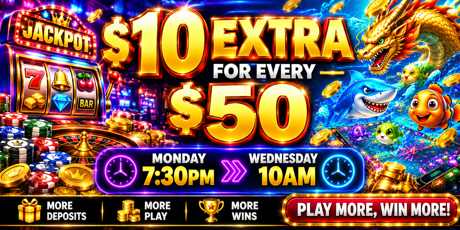 $10 Extra for Every $50 — Monday 7:30PM to Wednesday 10AM